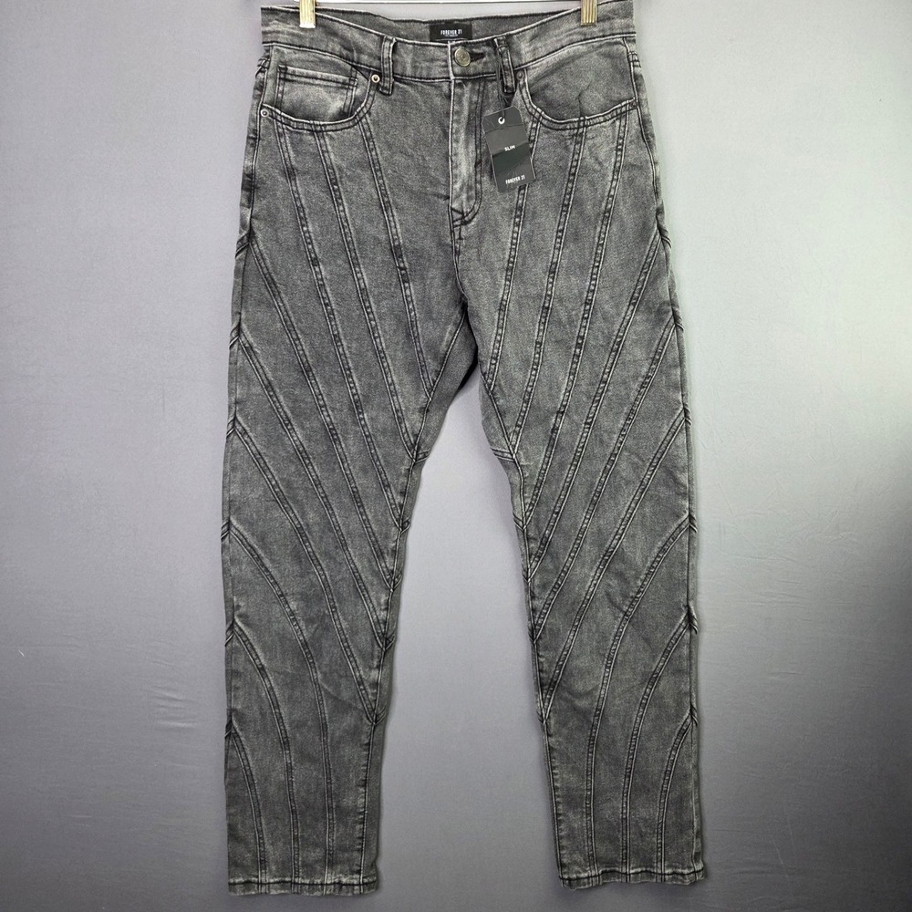Forever 21 Slim Moto Jeans 32 Grey Seamed Paneled Stretch Denim Streetwear NEW
